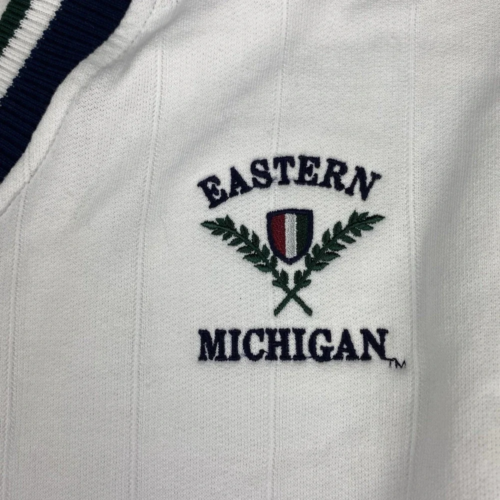 Vintage Eastern Michigan Sweatshirt Mens XL White Varsity V Neck Gear for Sports